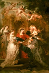 St. Ildefonso-Altarbild, zentrales Panel zeigt die Jungfrau Maria, die St. Ildefonso ein liturgisches Gewand überreicht, ca. 1630-32